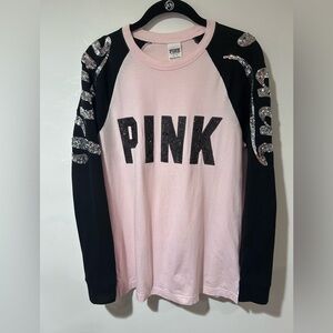 PINK Victoria's Secret Pink Front with Black Sleeves Sequin Logo Raglan